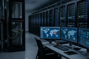 Dashboard de segurança cibernética em um data center moderno, ilustrando o monitoramento em tempo real e a Gestão de Ativos de TI e IoT contra ameaças globais.