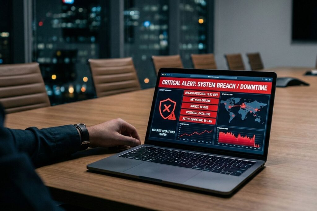 Dashboard de segurança cibernética exibindo alerta crítico de sistema, ilustrando o impacto financeiro e o downtime corporativo
