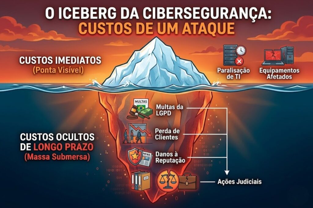 Uma ilustração clássica do "Iceberg da Cibersegurança". Acima da linha da água, mostre os custos imediatos ("Paralisação de TI", "Equipamentos Afetados"). Abaixo da linha da água, uma enorme massa de gelo listando os custos ocultos de longo prazo ("Multas da LGPD", "Perda de Clientes", "Danos à Reputação", "Ações Judiciais"). O design deve utilizar cores de advertência (laranja e vermelho).