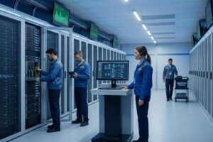 Equipe técnica trabalhando de forma calma e organizada em um data center moderno, representando a segurança de uma empresa que conquistou o Downtime Zero: através de uma infraestrutura altamente resiliente e à prova de falhas.