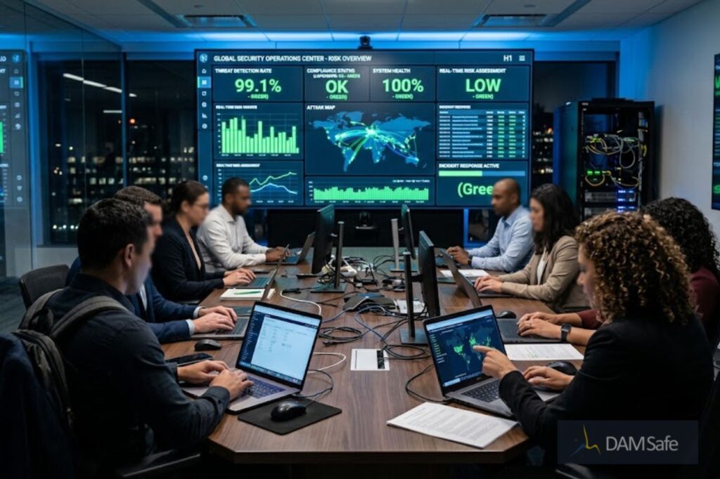 Fotografia corporativa hiper-realista. Equipe diversa de TI e compliance em war room digital: telas grandes com dashboards de risco em verde, mesa redonda com laptops abertos. Iluminação azul e branca, alta tecnologia. Foco no ambiente e nas telas — sem rostos em destaque. Transmite colaboração, inteligência e controle total de riscos.