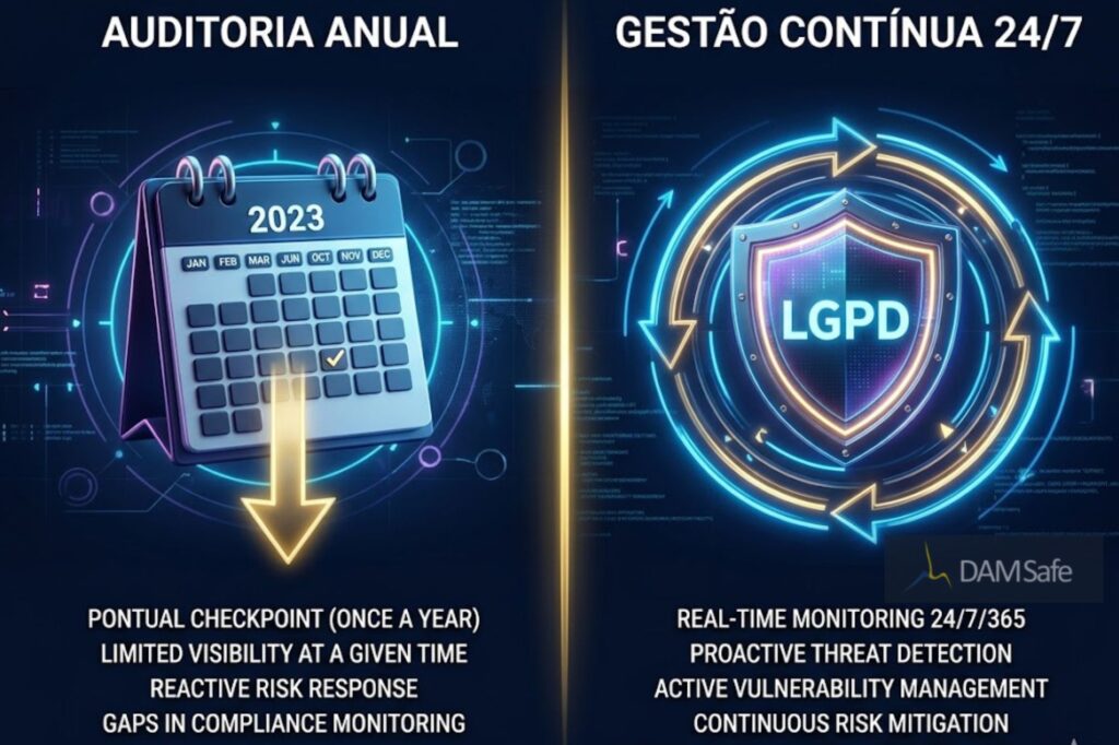 Infográfico fotorrealista, fundo azul-marinho com elementos neon sutis. Dois lados separados por linha vertical dourada: à esquerda, ícone de calendário com "Auditoria Anual" e seta única para baixo; à direita, escudo pulsando com "Gestão Contínua 24/7" e setas circulares representando ciclo ininterrupto. Tipografia limpa, sem texto em português exceto os rótulos.