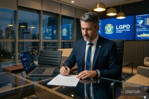 Executivo de terno assinando um contrato de segurança de dados sobre uma mesa de vidro. Atrás dele, telas de monitoramento mostram gráficos operacionais, representando a aplicação da LGPD gestão de riscos no dia a dia corporativo.