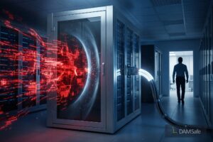 "Uma onda vermelha e pulsante de um ataque de Ransomware é bloqueada e repelida por um escudo de energia branco-azulado dentro de um rack de servidor seguro em um datacenter, enquanto dados limpos continuam a fluir através de cabos brancos para o rack e um administrador de TI caminha calmamente em direção à continuidade dos negócios."