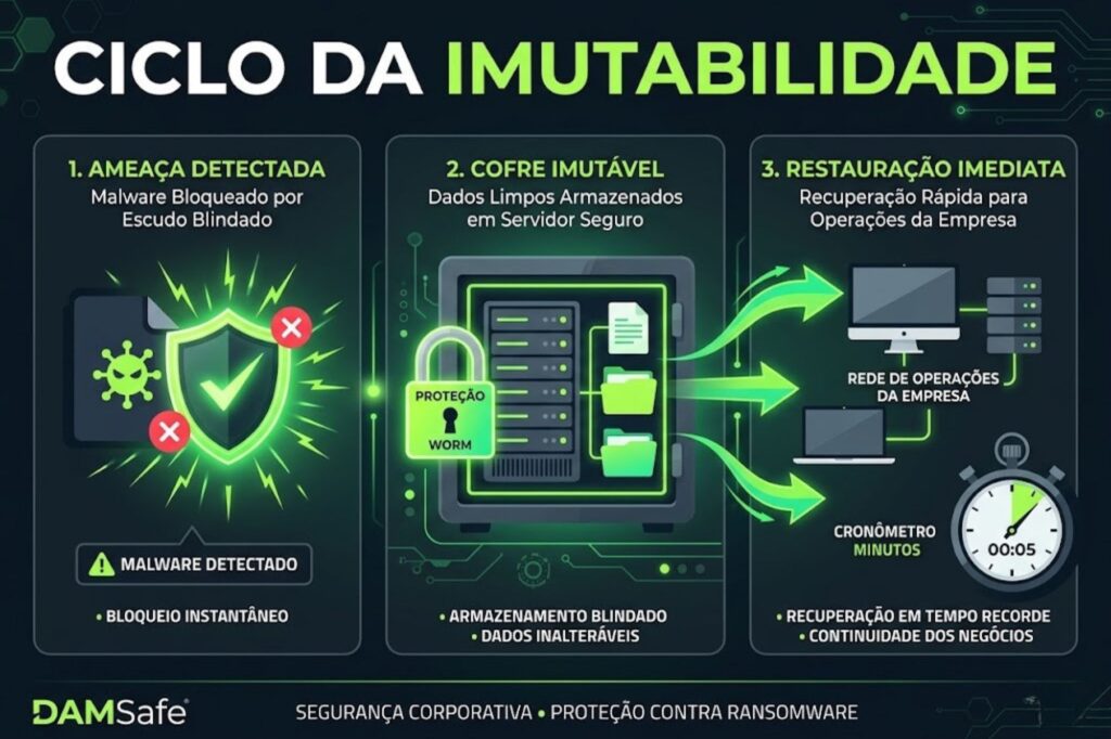 Um infográfico escaneável e moderno, em estilo flat design corporativo, com fundo escuro e detalhes em verde neon. Ele ilustra o "Ciclo da Imutabilidade" em 3 passos visuais: 1. Ameaça Detectada (ícone de malware bloqueado por um escudo). 2. Cofre Imutável (ícone de um servidor com cadeado blindado, contendo os dados limpos). 3. Restauração Imediata (setas fluidas devolvendo os dados para a rede de operações da empresa, com um cronômetro marcando minutos).