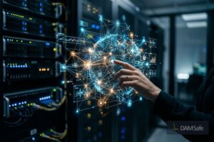 Profissional gerenciando segurança de dados sensíveis em painel holográfico de rede corporativa com ícones de saúde e finanças em data center