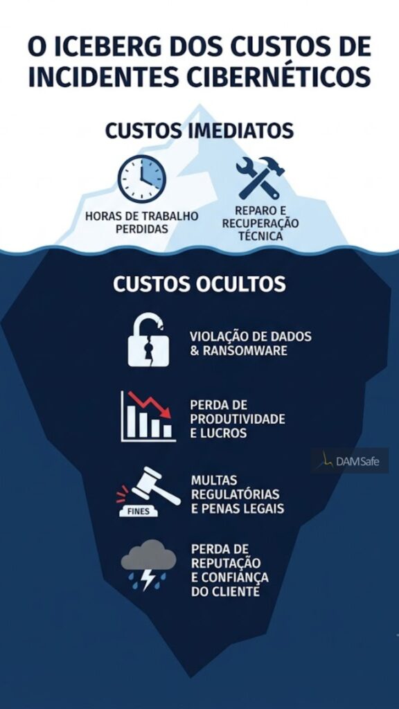 Infográfico corporativo minimalista em formato de iceberg, estilo flat design, mostrando a parte visível acima da linha d'água rotulada 'Custos Imediatos' com ícones de ferramenta e relógio, e a parte submersa maior abaixo da linha rotulada 'Custos Ocultos' com ícones de cadeado quebrado, gráfico caindo, martelo de multa e nuvem cinza representando perda de reputação, paleta de azul-marinho e branco, tipografia limpa, fundo branco, proporção vertical 4:5, alta resolução, estilo editorial de consultoria.