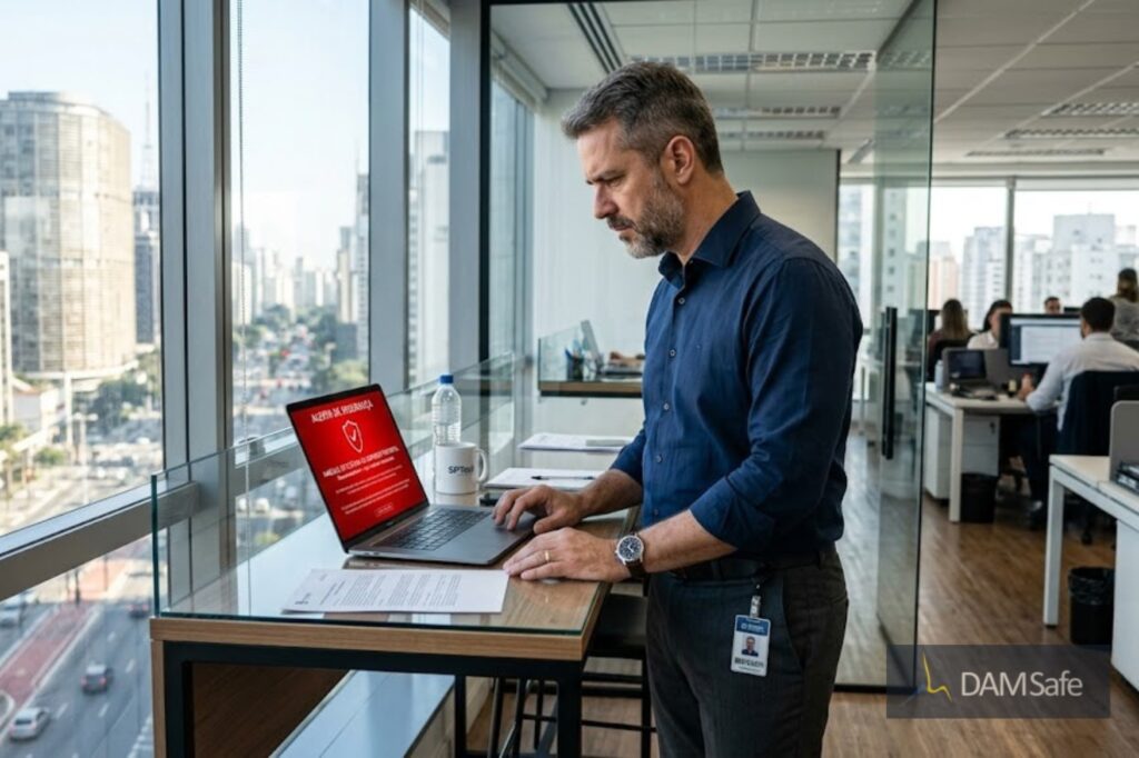 Fotografia corporativa realista, gestor de TI de meia-idade em pé em um escritório moderno em São Paulo, olhando com preocupação controlada para um notebook que exibe um alerta de segurança em vermelho na tela, luz da manhã entrando pela janela, ambiente profissional e limpo, tons de azul-escuro e branco, estilo editorial de revista de negócios, alta qualidade