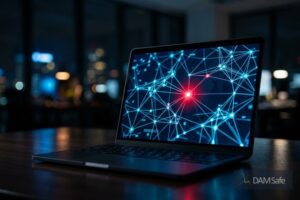 Close-up de um notebook em uma mesa de escritório escuro à noite, exibindo uma tela de monitoramento 24/7 com um gráfico de rede de dados complexo e um alerta de anomalia vermelho brilhante no centro.