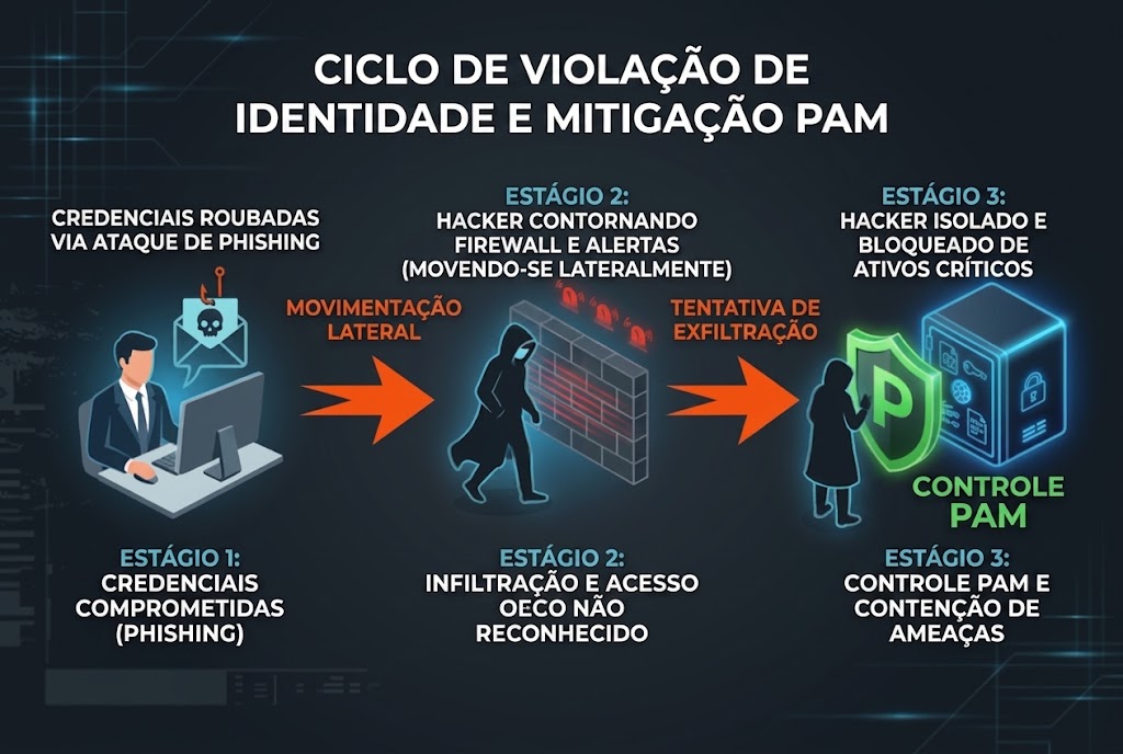 Um infográfico corporativo moderno e cibernético em fundo escuro com acentos de neon azul e verde, ilustrando o "Ciclo de Violação de Identidade e Mitigação PAM" em português. O infográfico é dividido em três estágios numerados e conectados por setas laranja. À esquerda, o "ESTÁGIO 1: CREDENCIAIS COMPROMETIDAS (PHISHING)" mostra a descrição "Credenciais roubadas via ataque de phishing" acima de um homem em um terno usando um computador com um ícone de phishing. Uma seta rotulada "MOVIMENTAÇÃO LATERAL" conecta ao "ESTÁGIO 2: INFILTRAÇÃO E ACESSO NÃO RECONHECIDO" no centro, com a descrição "Hacker contornando firewall e alertas (movendo-se lateralmente)" acima de um hacker encapuzado passando por uma parede de tijolos com luzes de alerta. Outra seta rotulada "TENTATIVA DE EXFILTRAÇÃO" conecta ao "ESTÁGIO 3: CONTROLE PAM E CONTENÇÃO DE AMEAÇAS" à direita, com a descrição "Hacker isolado e bloqueado de ativos críticos" acima de um hacker encapuzado parado na frente de um cofre digital, bloqueado por um grande escudo verde com a letra 'P' e as palavras "CONTROLE PAM" abaixo dele, impedindo seu avanço.