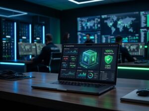 Laptop com painel de segurança cibernética exibindo conformidade com a LGPD em um centro de operações de segurança moderno, ilustrando o controle necessário para proteger dados e Evitar o Caos Sistêmico.