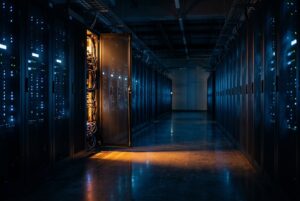 Rack de servidor aberto em data center escuro representando a falta de política de acesso privilegiado