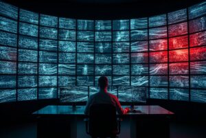 Analista de segurança monitorando ataques cibernéticos automatizados em painel de operações