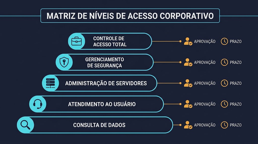 Infográfico da escala de política de acesso privilegiado com níveis, aprovadores e prazos de revisão